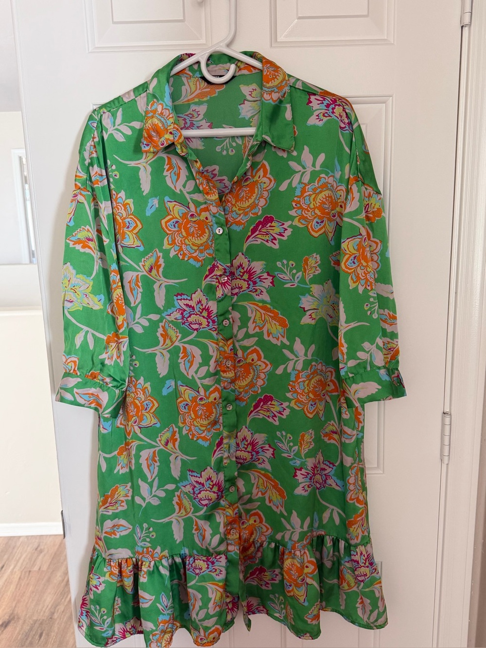 Green Floral Button-Down Midi Dress with Orange & Pink Accents